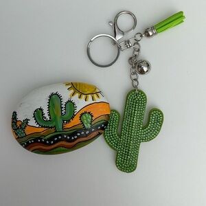 Hand Painted Cactus Rock Art by Elizabeth Harris + Rhinestone Cactus Keychain